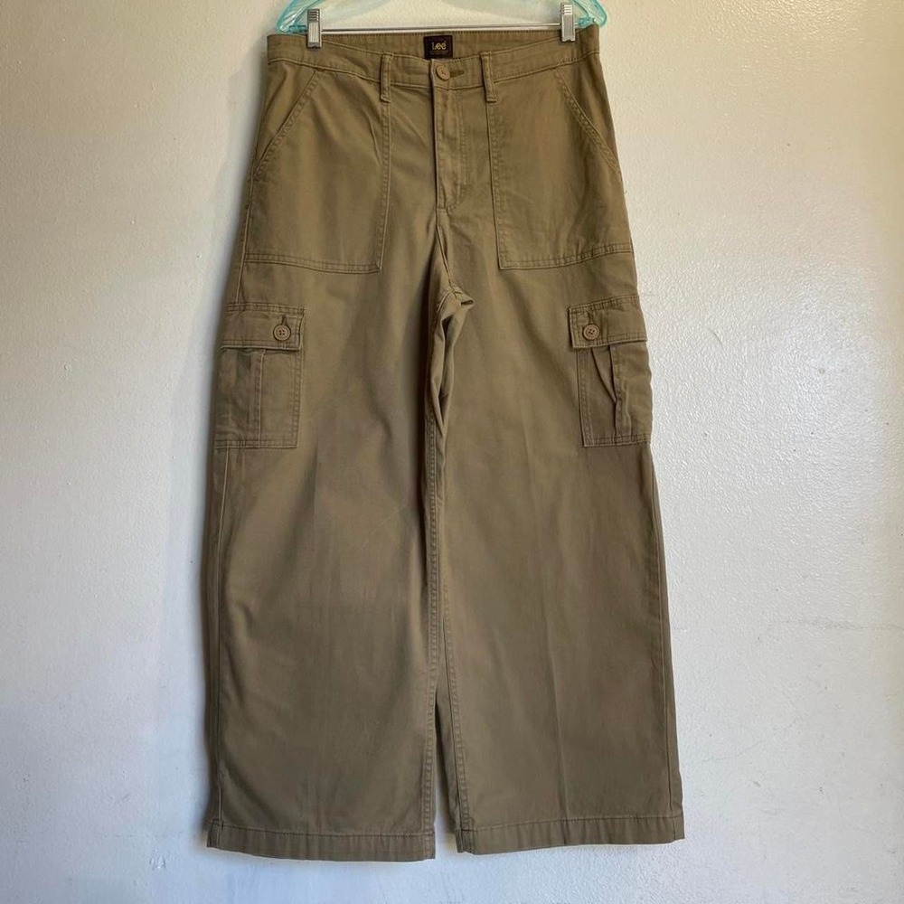 Lee Women Y2K Baggy Cargo Pants Khaki Green Wide Leg Utility Streetwear Size 10
